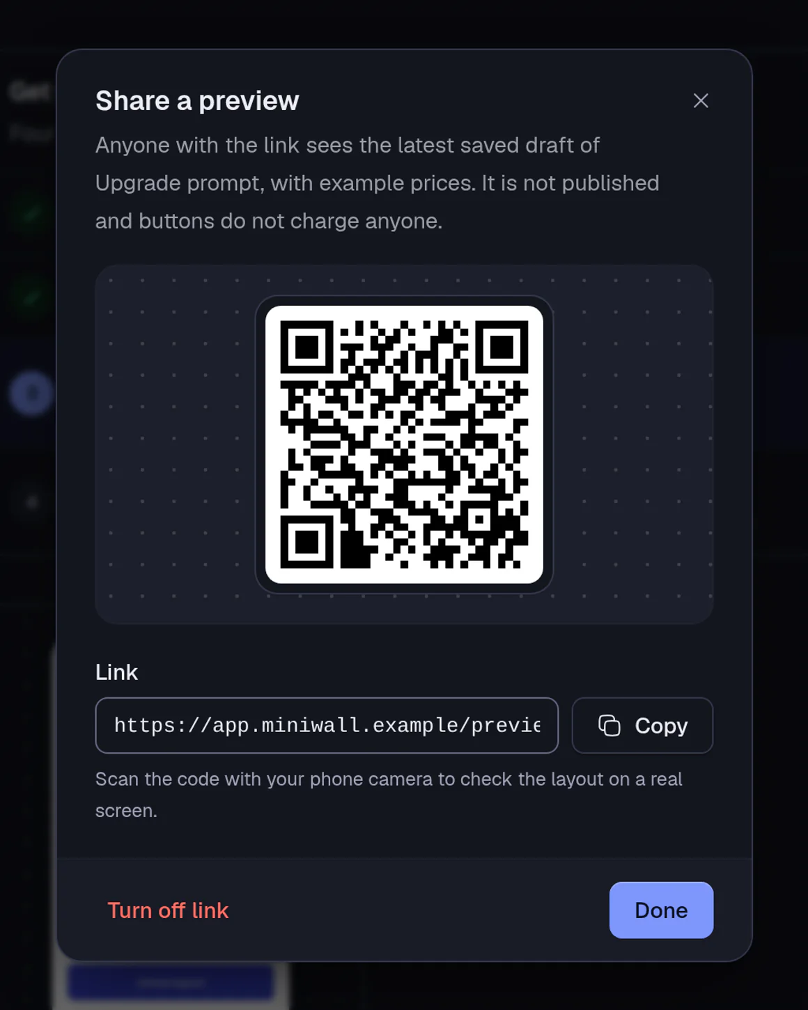 The Share a preview dialog: a QR code and a link to the latest saved draft of a screen, with a Copy button and a Turn off link button