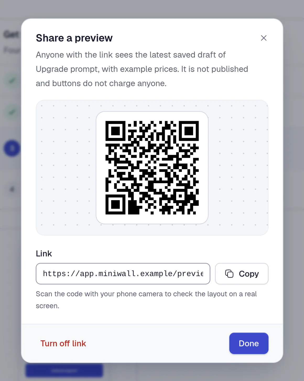 The Share a preview dialog: a QR code and a link to the latest saved draft of a screen, with a Copy button and a Turn off link button