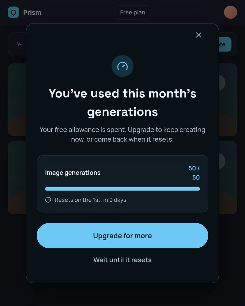A popup over an image tool saying the month's free generations are used up, with a usage bar and an Upgrade for more button