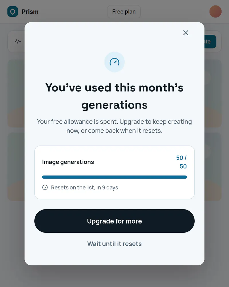 A popup over an image tool saying the month's free generations are used up, with a usage bar and an Upgrade for more button