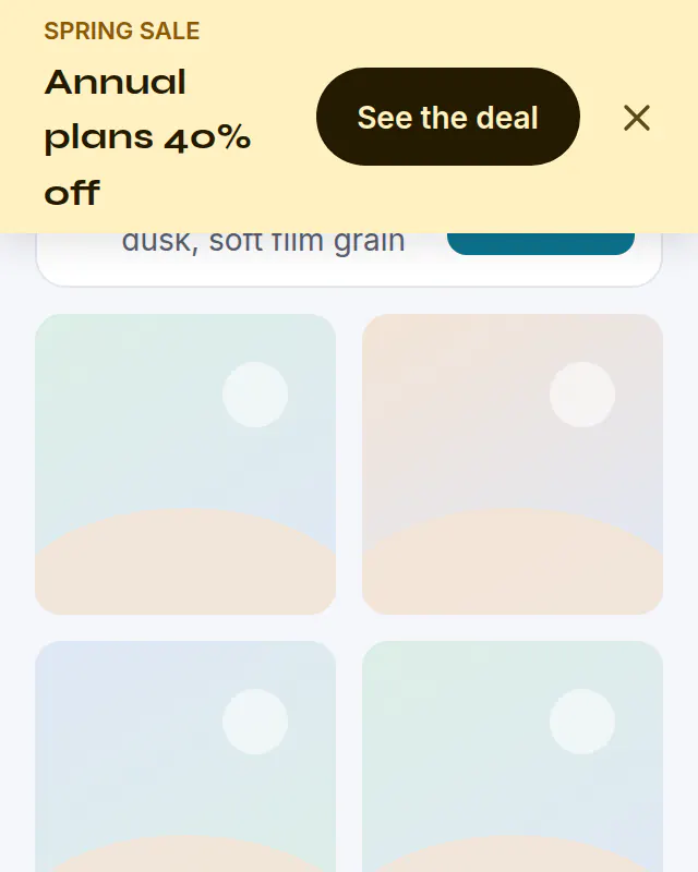 A yellow sale banner across the top of an image tool reading Annual plans 40% off, with a See the deal button