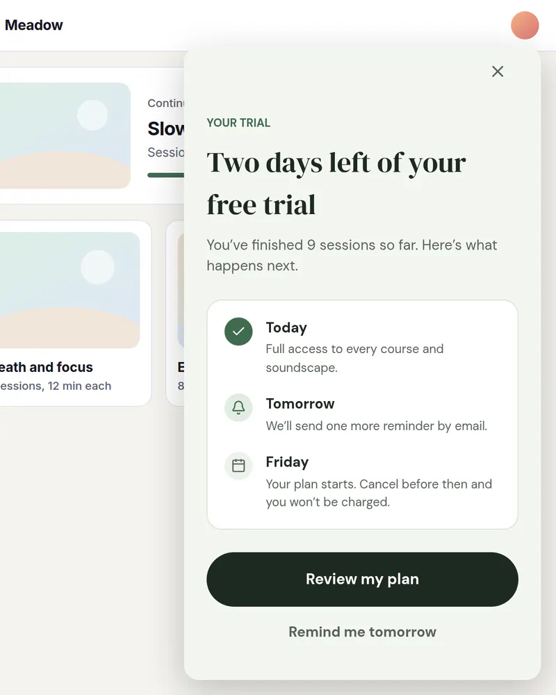 A card in the corner of a learning app titled Two days left of your free trial, with a three-step timeline and a Review my plan button