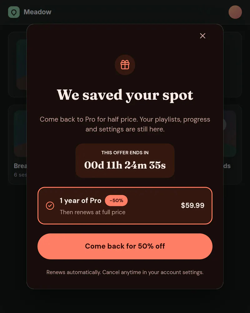 A popup over a learning app titled We saved your spot, with a countdown, a one-year Pro offer at half price and a Come back for 50% off button