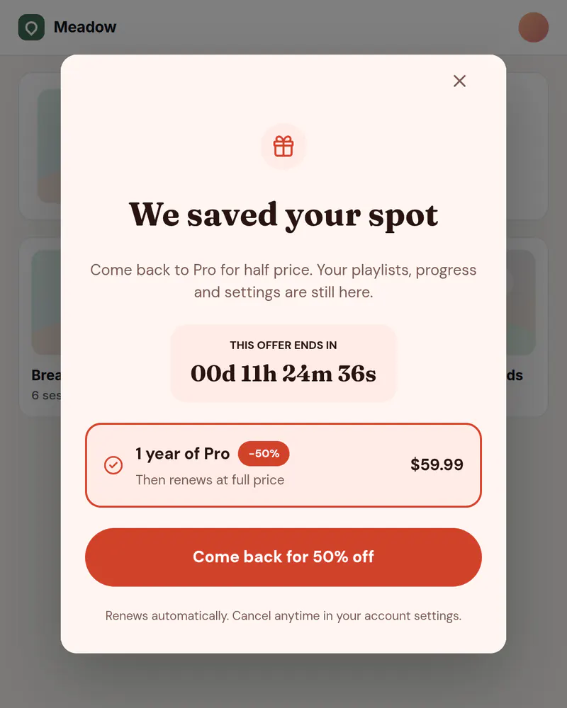 A popup over a learning app titled We saved your spot, with a countdown, a one-year Pro offer at half price and a Come back for 50% off button